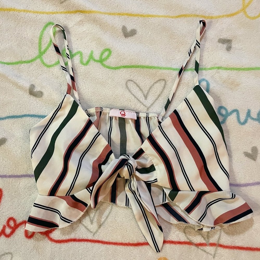White Black Pink stripe Front Tie BandeauCropped Crop Top Shirt Womans sz Medium